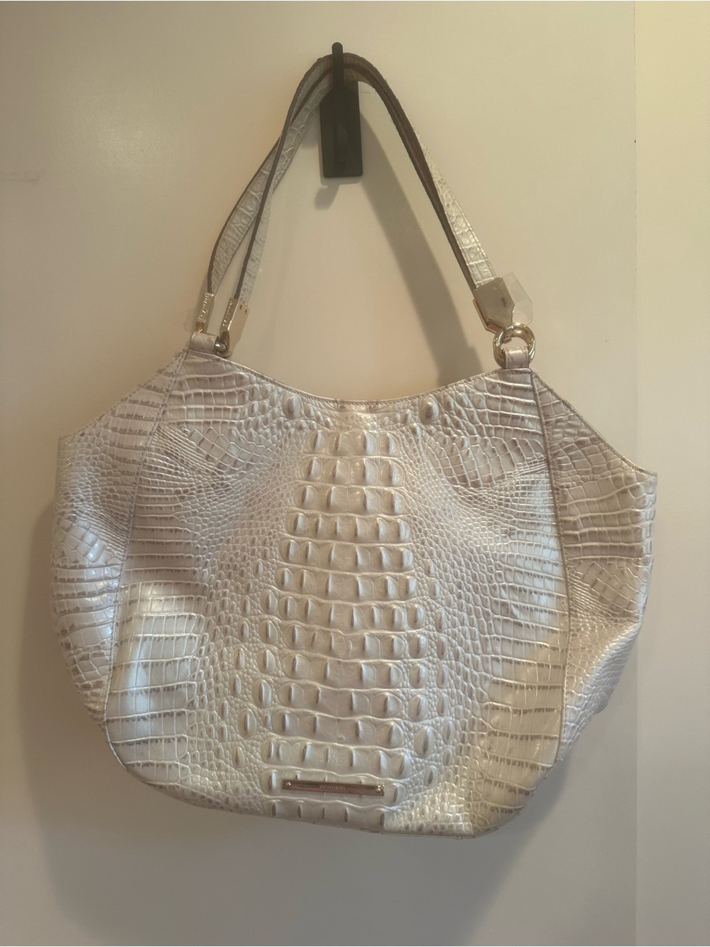 Brahmin Croc‑Embossed Satchel – Pearl White